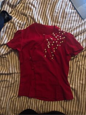 Women's Red Embellished Short-Sleeve Blouse Qi Pao Style